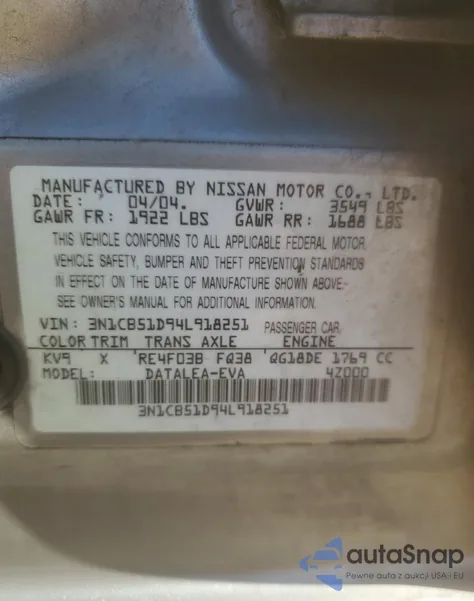 2004 Nissan Sentra 1.8 z USA, uszkodzony, nr VIN 3N1CB51D94L918251